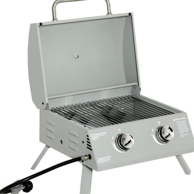 Barbecue portatif au propane à 2 brûleurs Gris. Pieds pliables pour le transport. Idéal pour le camping, le pique-nique, la cour arrière. Couvercle, thermomètre, plateau à graisse. Gaz 21,75 po x l 18,25 po x H 16,25 po. Pratique. Pour
