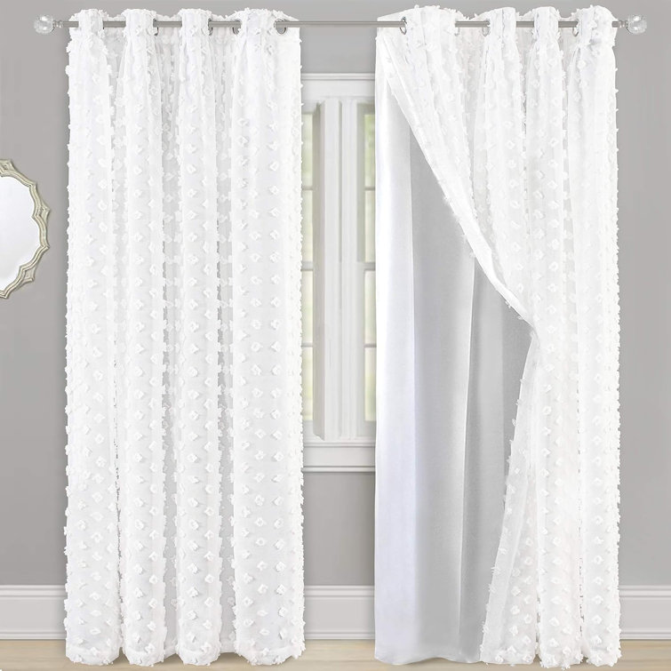 Rosdorf Park Gwion Pinch Pleated Voile Chiffon Sheer Blackout Curtain Liner Embroidered With Pom Pom One Panel Grommet Curtain