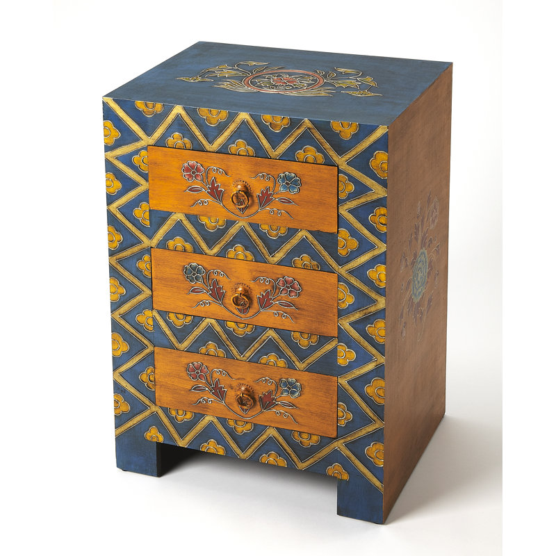 Teal Blue and Dark Brown Hand Painted 3 Drawer Accent Cabinet