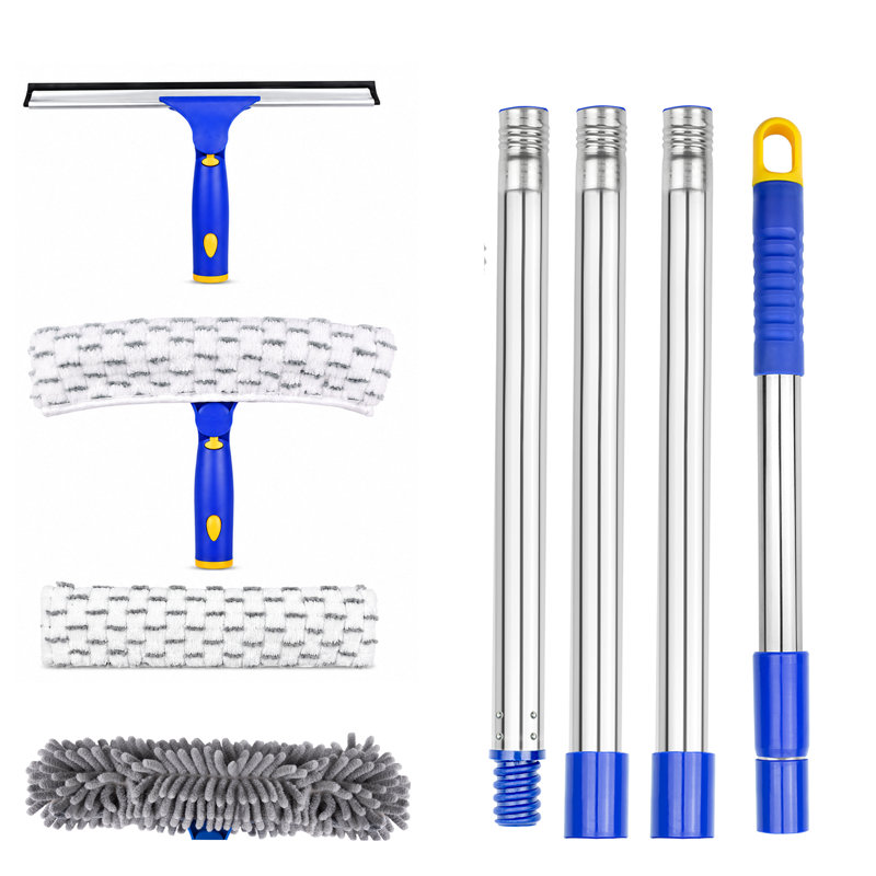 ITTAR 75" Window Squeegee with Extension Pole, Glass cleaning Kit with Adjustable Head for Corners, 12" Squeegee+11" Chenille & 2 Microfiber Pads for Shower, Indoor/Outdoor High windows, Car Glass