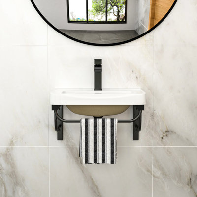 Lavabo de salle de bain rectangulaire en céramique 20,4 "x 14,28" avec trop-plein et barre à serviettes noire, esthétique moderne, design fonctionnel et durable, beauté