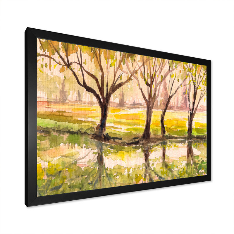 Arbre jaune sur un parc - reproduction d'art sur toile, Toile avec cadre noir, H 8 po x l 12 po x P 1 po
