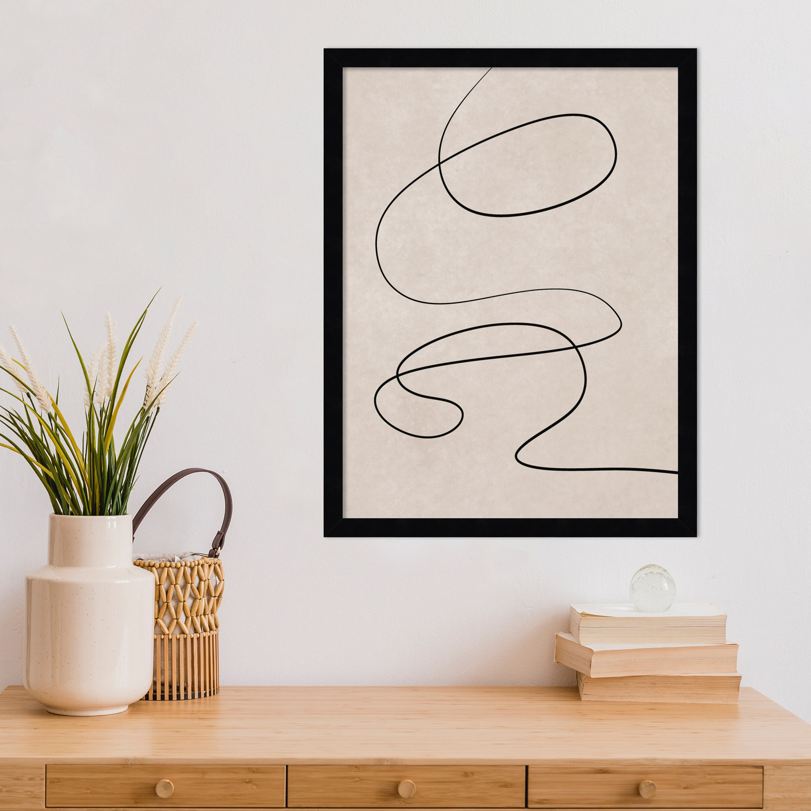 Black Line and Textured Beige Print, Black, 21" H x 16" W