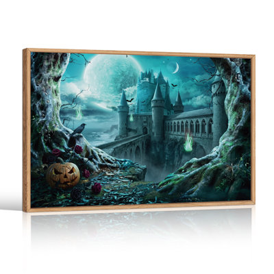 Impression sur toile, château gothique avec citrouille et fantômes verts sous Halloween