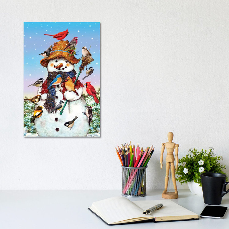 Birds And Snowman - Wrapped Canvas Print, 20.32 cm H x 30.48 cm W