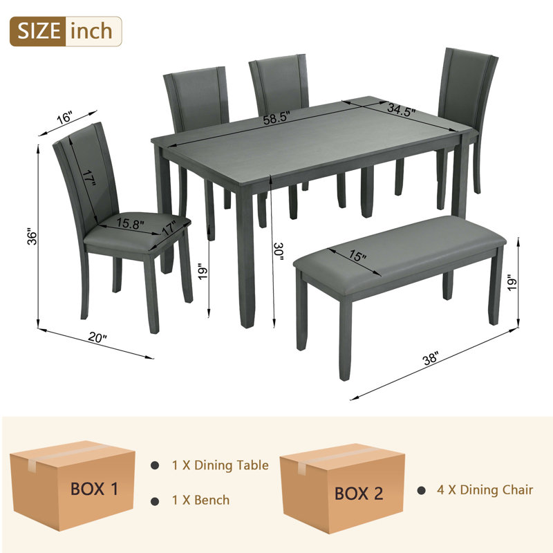 Gris 6 repas avec banc et chaises. Table moderne en bois pour la cuisine. Stable et confortable. Conception facile à assembler. Assemblage requis
