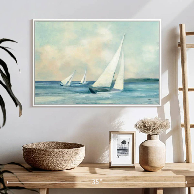 Voiliers au lever du soleil, 25 po x 17 po, Cadre flottant blanc