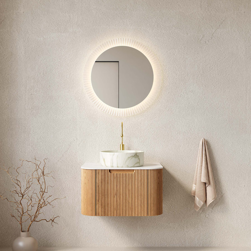 Meuble-lavabo de 24 po avec lavabo, armoire de rangement à bords arrondis et rayés avec tiroir, lavabo rond en céramique mat et plateau en pierre frittée Carrara, pré-assemblé