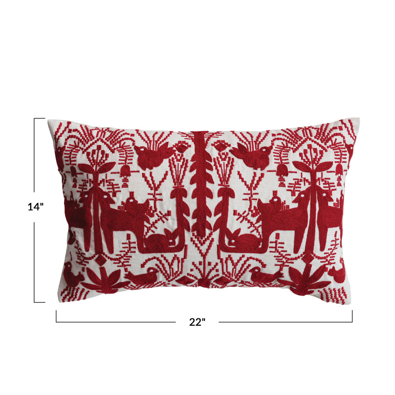Coussin lombaire brodé en coton rouge et naturel