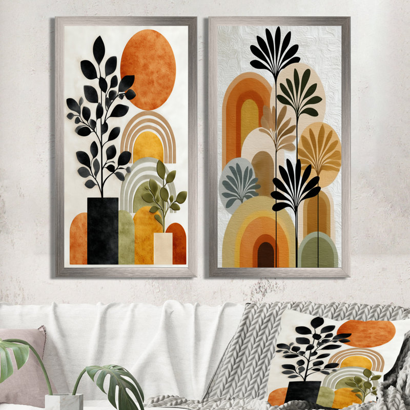 Bohème minimaliste géométrique botanique - art abstrait bohème 2 pièces, H 40 po x l 40 po, Cadre flottant brun