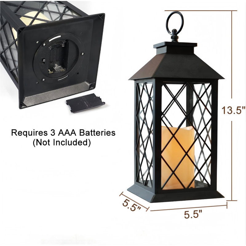 2-Pack 13.5" Vintage Candle Lantern With LED Pillar Candle (Black, 6Hr Timer) - IP44 Waterproof Battery Powered Decorative Light - Outdoor Patio Hanging Lantern Decorative Tabletop Light