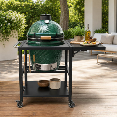 Chariot de table robuste pour gros œufs verts, support Kamado en métal avec roulettes et tablette latérale pliante