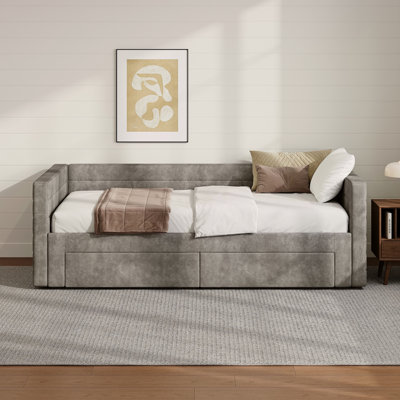 Structure de lit de jour simple rembourré extensible avec lit gigogne, canapé-lit en tissu chenille avec tiroirs de rangement pour le salon