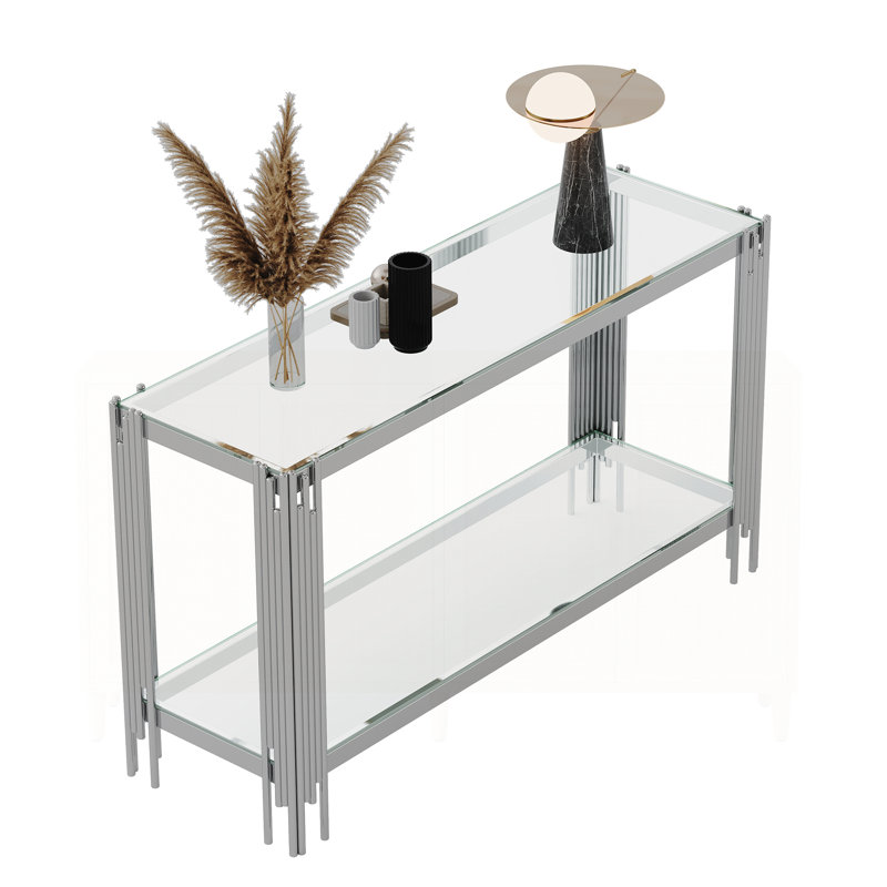 Sophisticated Double-Layer Tempered Glass Console Table with Stainless Steel Frame for Versatile Use, Clear/Silver