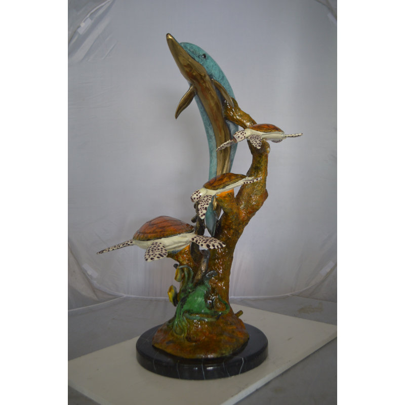 Bronze Dolphin medium with Turtles Fountain Bronze Statue -  Size: 24"L x 34"W x 36"H.