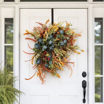 26" Artificial Farmhouse Fall Leaf Wildflower Roses Floral Wreath for Front Door Thanksgiving Wall Decor