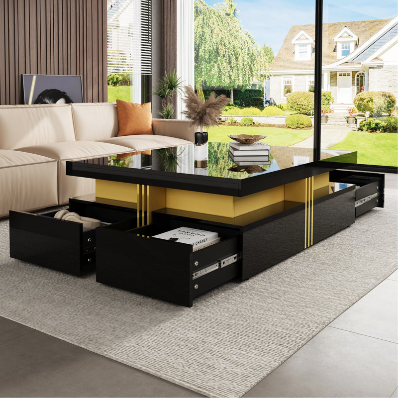Table basse moderne carrée avec rangement à 4 tiroirs 43,3 po, Noir