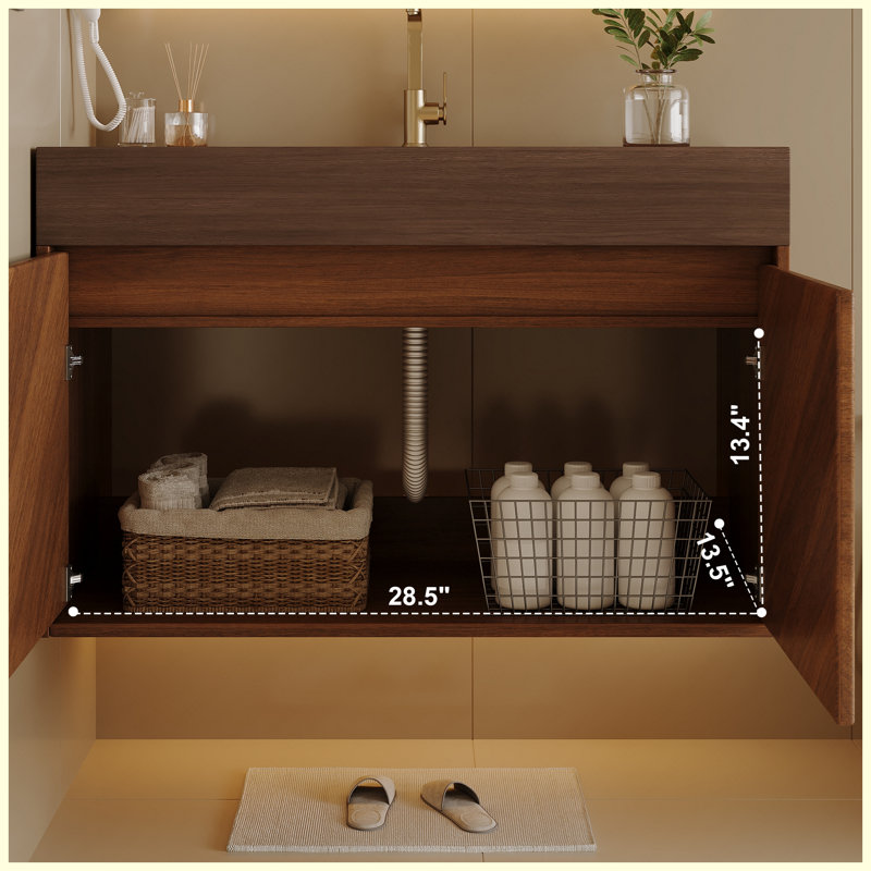 Meuble-lavabo mural moderne 30 po avec lavabo en céramique, finition chêne brun et portes à fermeture en douceur