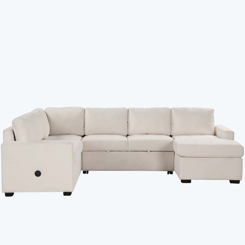 Sectional Sleeper Sofa Bed with Lounge Chair, USB and Type-C Interfaces, Beige Polyester