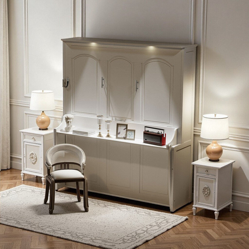 Grand lit escamotable avec éclairage DEL et charge USB, Blanc