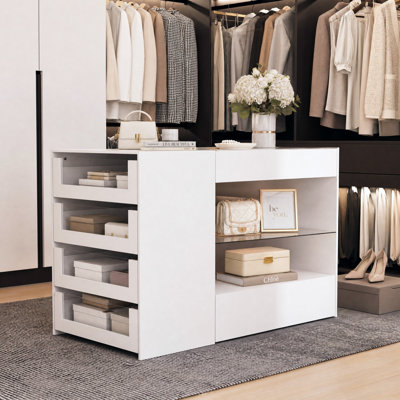 47.2" W 8-Drawer Dresser with Tempered Glass Top, Glass-Front Accessory Drawers & Open Shelves