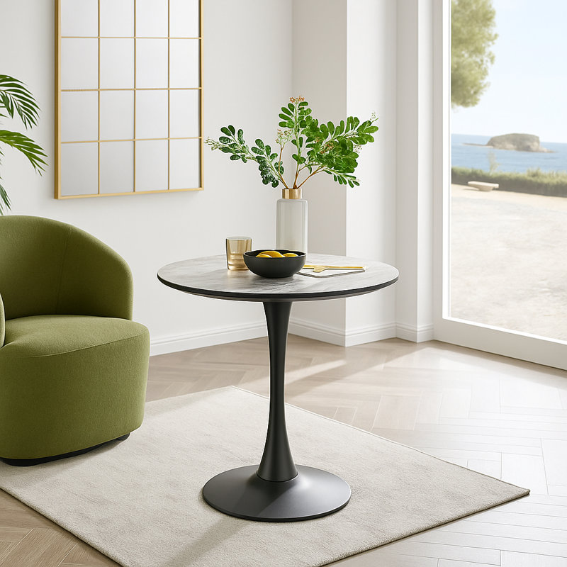 Elina White Marble Effect Melamine Round 80cm Dining Table And 2 Faux Leather Dining Chairs, Black