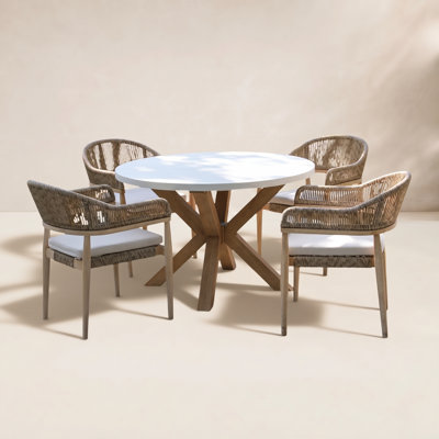 Aniston 5 Pc. Round Ivory Composite Dining Set With Rope Stacking Chairs