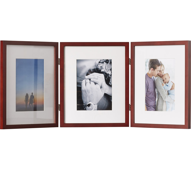 Triple cadre photo articulé avec passe-partout biseauté, Noyer