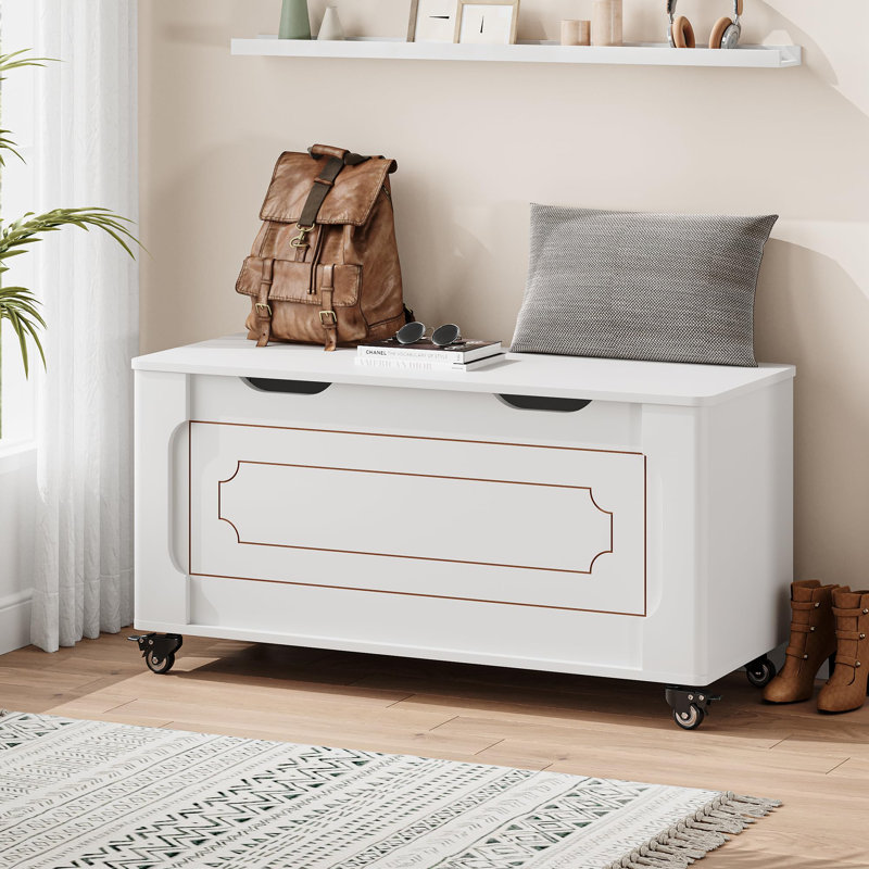 Storage Chest, Storage Bench with 4 Wheels, 39.4" Wooden Blanket Chest with 2 Safety Hinges, Round Corner, Supports 350 Lbs, Storage Trunk for Entryway, Living Room, Bedroom,White