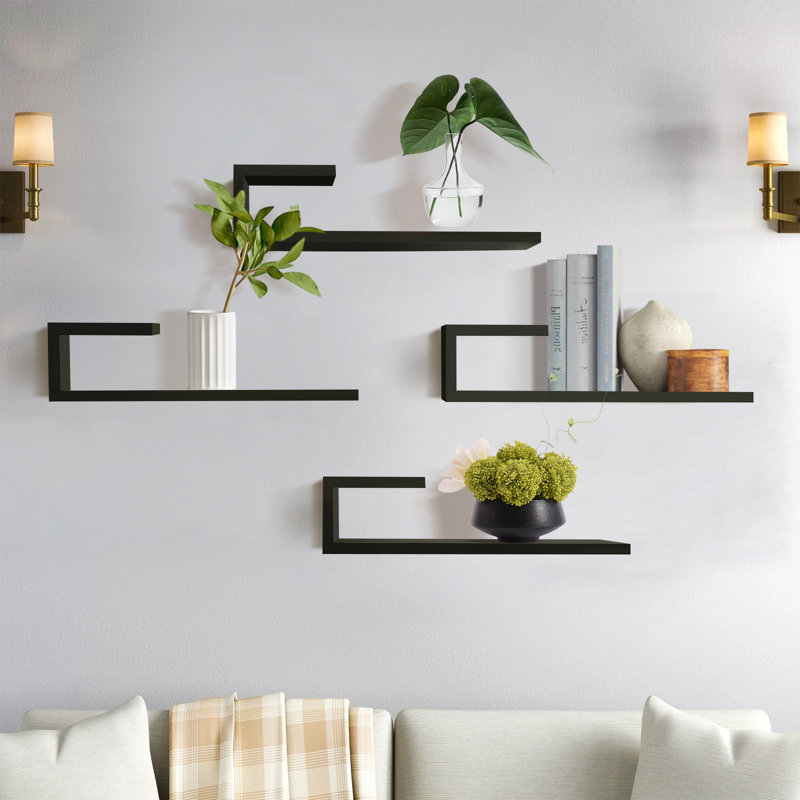 Leina Manufactured Wood L-Shaped Floating Shelves, Black