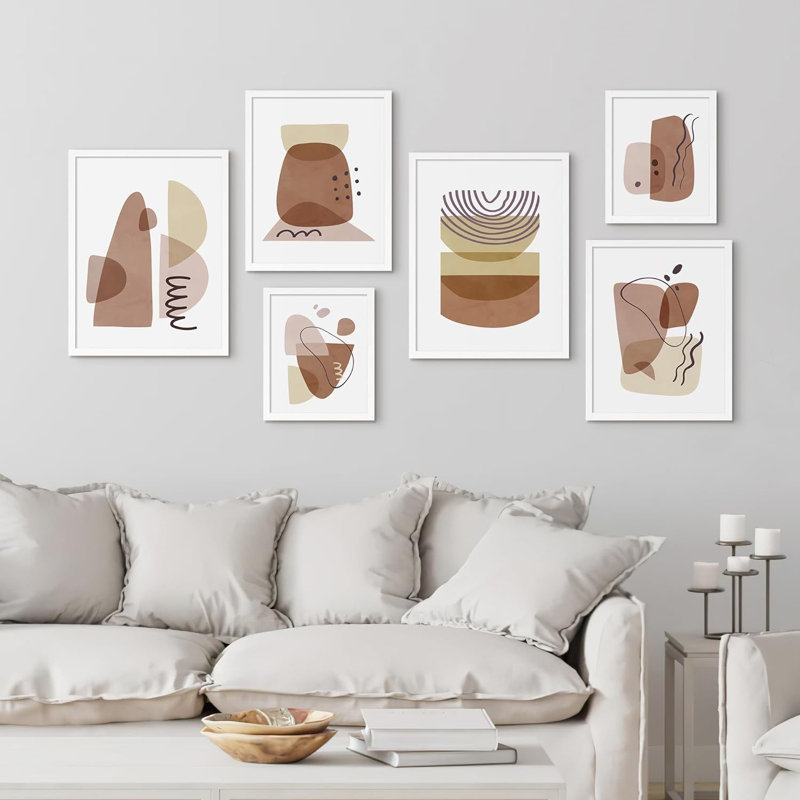 Collage Mid-Century brun et brun clair, blocs abstraits, art moderne encadré sur papier, impression de 6 pièces, Cadre blanc