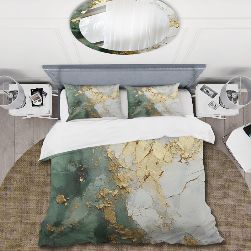 Ensemble de housse de couette peinture abstraite or et vert, Housse de couette pour grand lit et 2 taies décor
