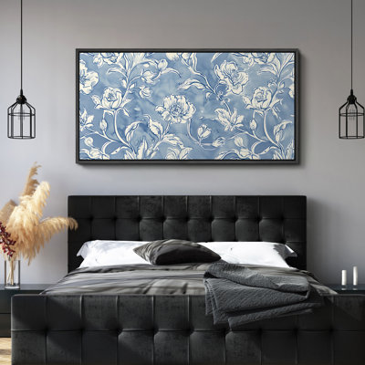 Blue and White Vintage Floral Botanical Pattern – Large Framed Canvas Master Bedroom Wall Art Print