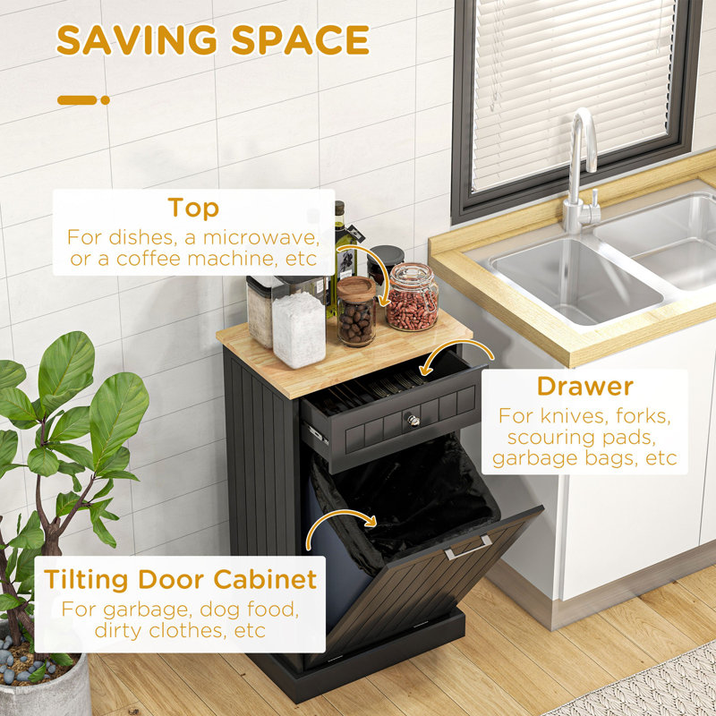 Black Wooden Kitchen Storage Cabinet with Light Wood Top