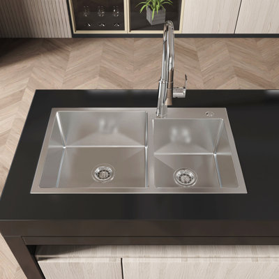 Stainless Steel Kitchen Sink, 32″X19″ Double Bowl In Brushed Nickel, Overmount Handmade Sink, With Us Standard Drain And Hook
