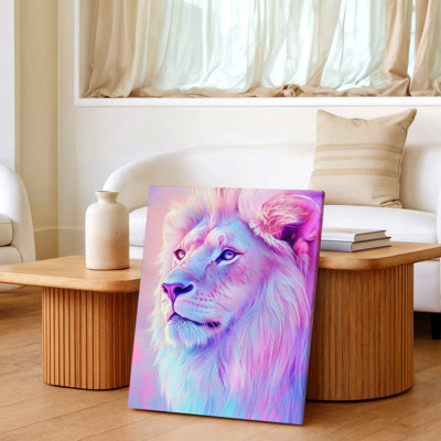 «White Lion Portrait», reproduction d'art sur toile animal néon coloré, œuvre d'art blanc bleu rose pour décoration intérieure, chambre à coucher, salon, bureau, décoration murale, style moderne