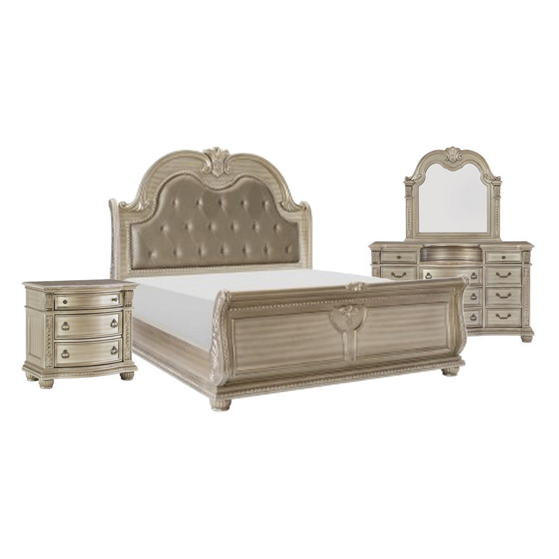 Ensemble de chambre à coucher pour grand lit quatre pièces Caitlin, tête de lit capitonnée en similicuir, dessus en marbre, argent