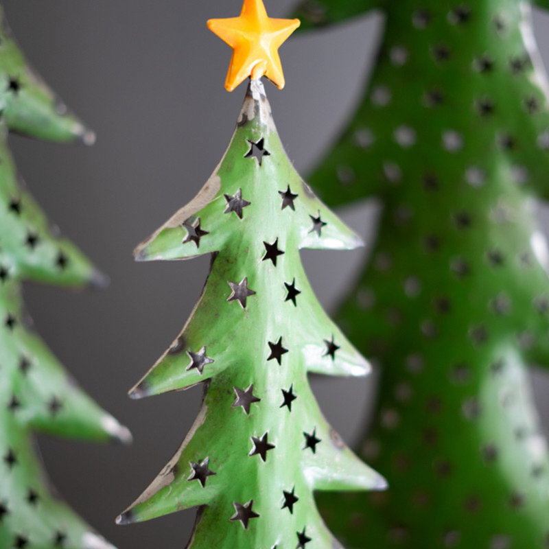  Ensemble de 3 arbres de Noël en métal recyclé sur base de bois - Pois verts