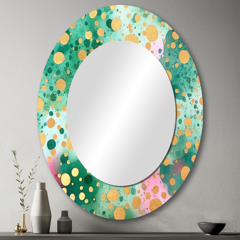 «Green and Gold Rhythmic Waters III», grand miroir géométrique, décor de miroir mural rond vert unique, impression d'art en métal