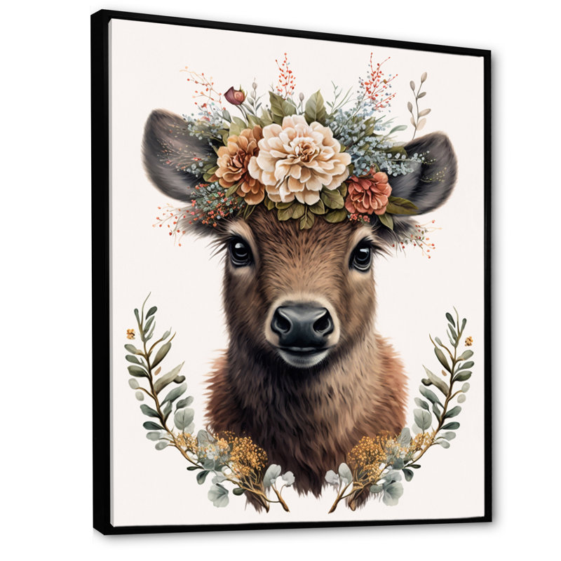 Mignon bébé bison avec couronne florale - animaux, art mural sur toile, L 12 po x H 20 po, Cadre flottant noir
