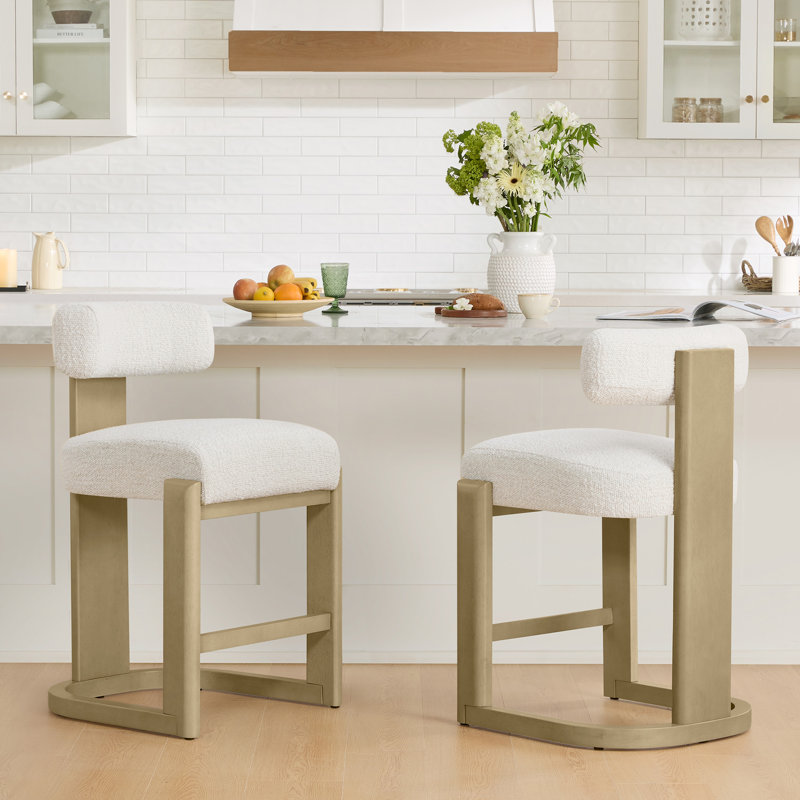 Tabouret de comptoir rembourré en bois massif, Siège perle / cadre gris clair