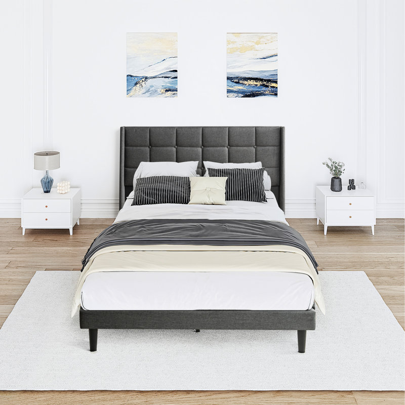 Structure de lit pour grand lit gris foncé avec tête de lit en lin - capitonnage moderne, sans sommier, support à lattes de bois, assemblage facile, capacité de poids de 600 lb, tête de lit tapissier, installation