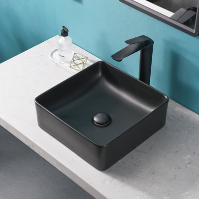  Lavabo de salle de bain vasque carré 14,3 "x 14,3" noir avec bonde escamotable