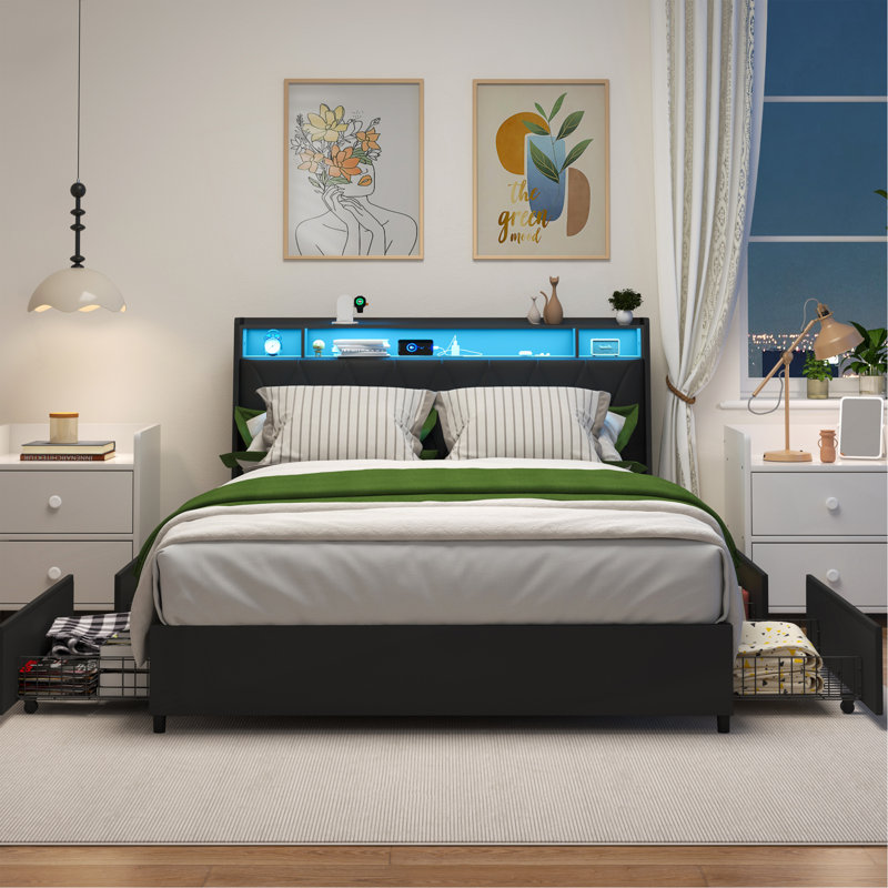 Cadre de grand lit avec tête de lit ergonomique, cadre de lit plateforme grand avec prises de courant et chargeur et lumière DEL, cadre de lit en métal grand avec tablette de rangement, silencieux, pas de sommier tapissier nécessaire