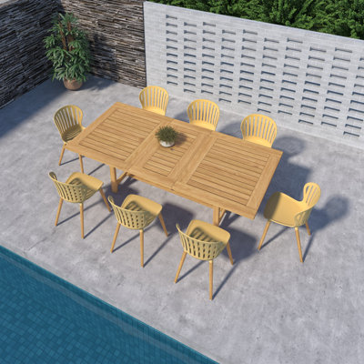 Ensemble de salle à manger d'extérieur en bois 9 pièces Kinchen FSC - chaises jaunes
