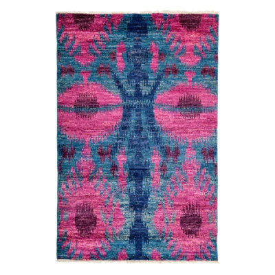 Tapis bleu/rose noué la ikat main