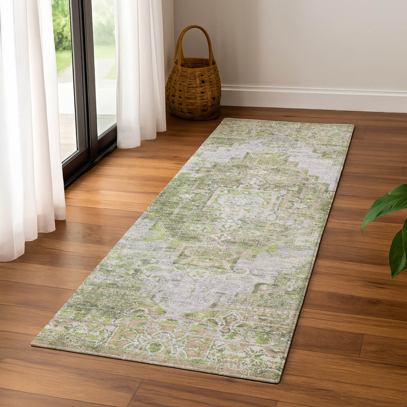 Premium Machine Washable Mayfield AMF2140 global Rug, 2'3" x 7'6" Runner, Aloe