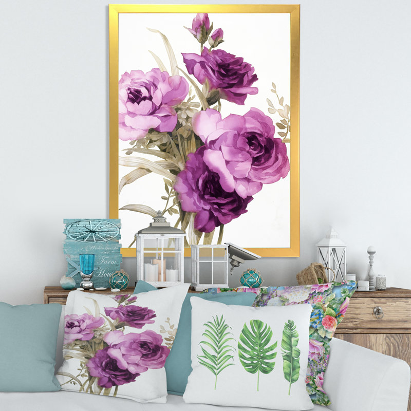 Dark Pink Roses - peinture sur toile, H 32 po x l 24 po x P 1 po, Cadre doré