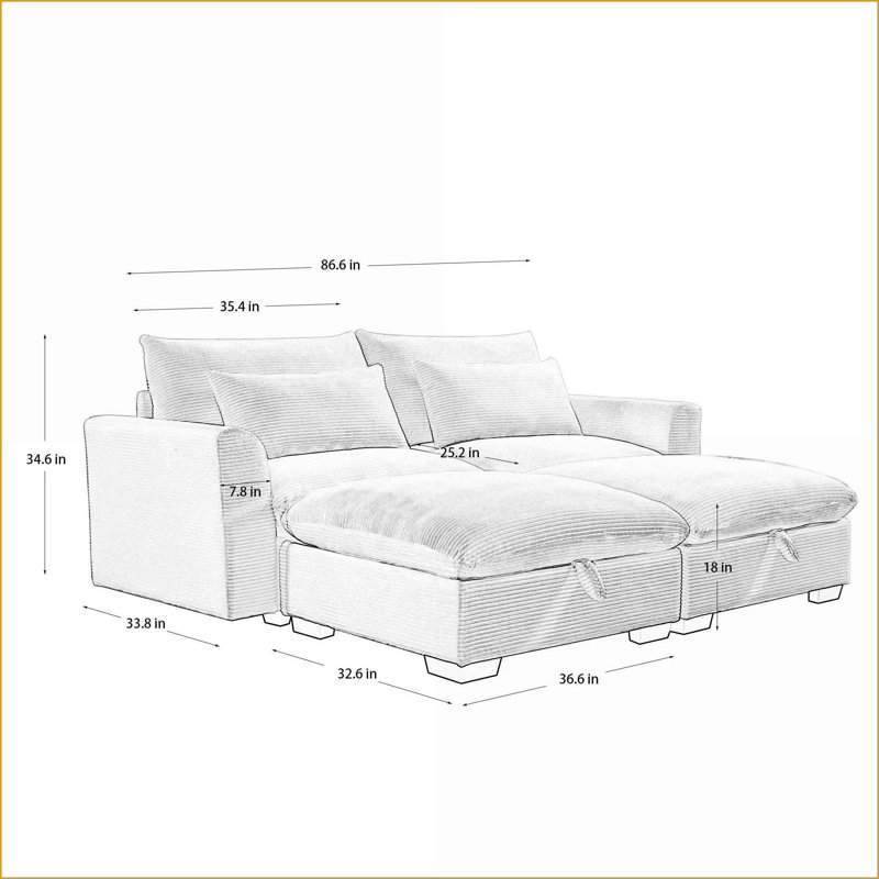 Canapé modulaire 2 places modulaire avec repose-pieds avec rangement, canapé en velours côtelé pour salon | Beige | Velours côtelé