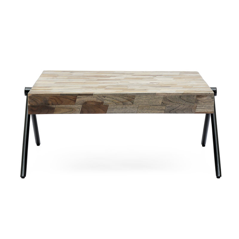 Table basse rectangulaire en bois de manguier massif et en fer 27,5 po avec pieds en forme de V
